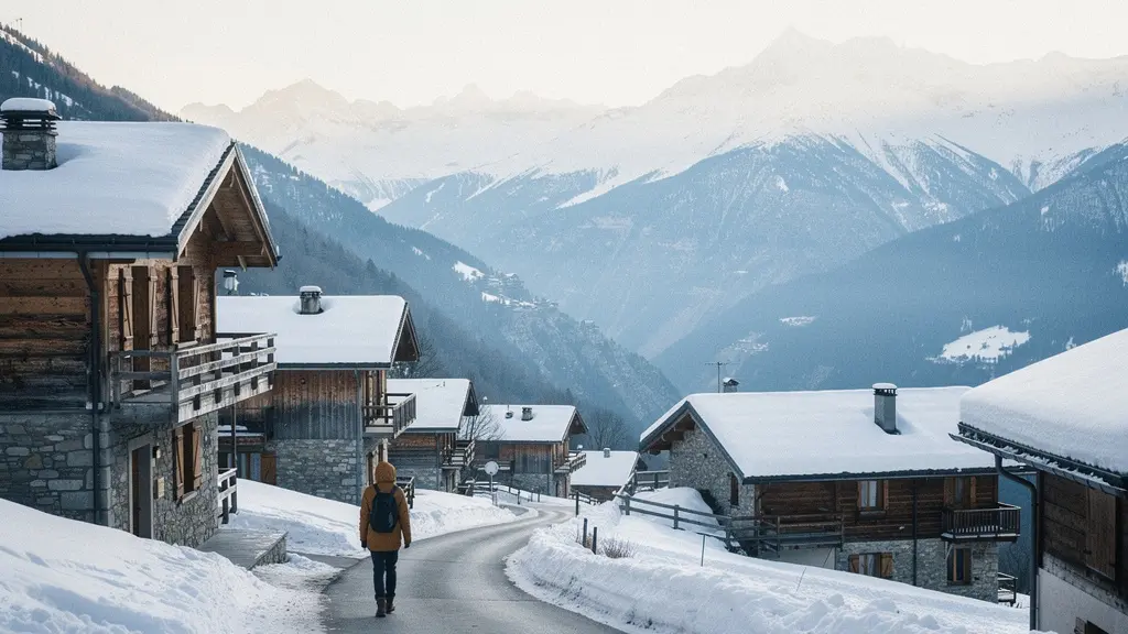 Chemin enneigé serpentant à travers un village de montagne avec un horizon dégagé symbolisant l'accès aux soins spécialisés depuis une zone rurale d'altitude