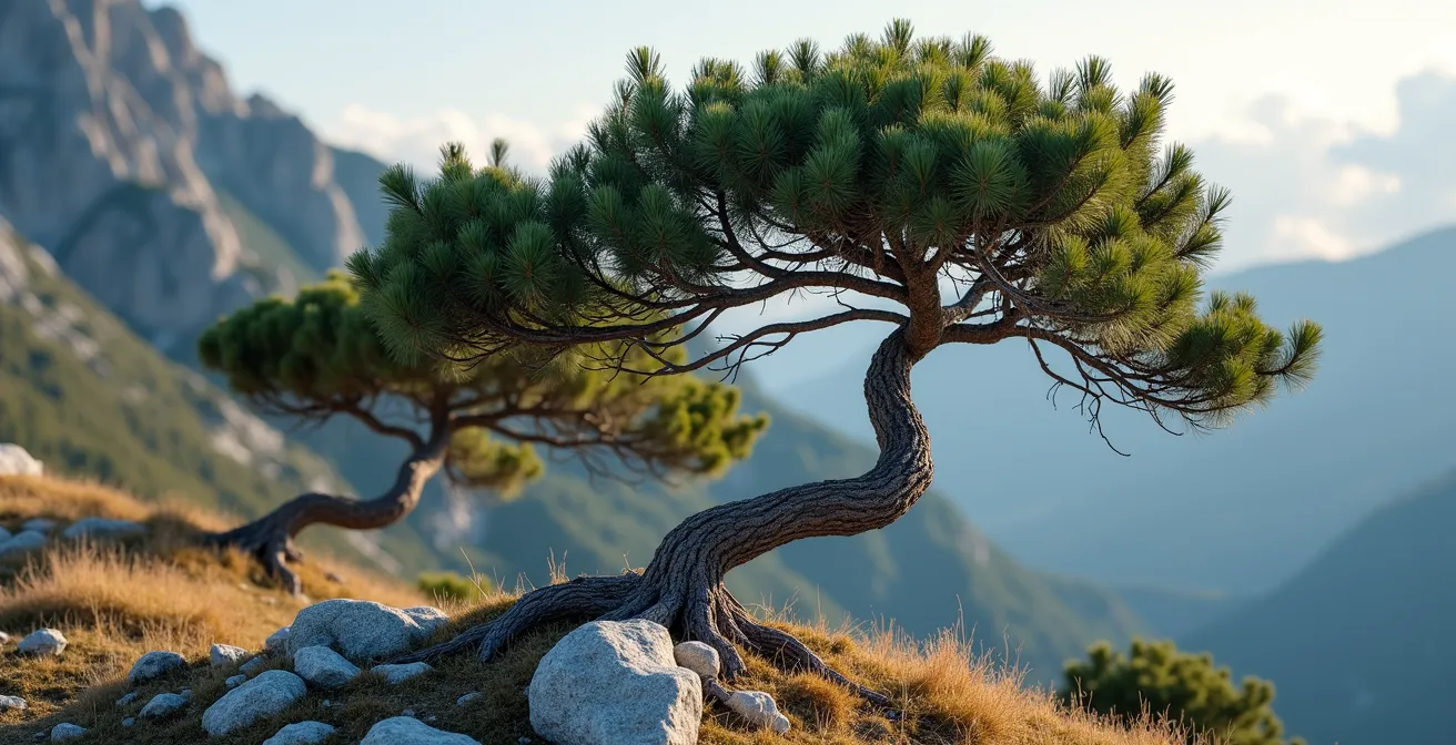 Pins à crochets déformés par le vent adoptant une forme rampante à la limite supérieure de la forêt