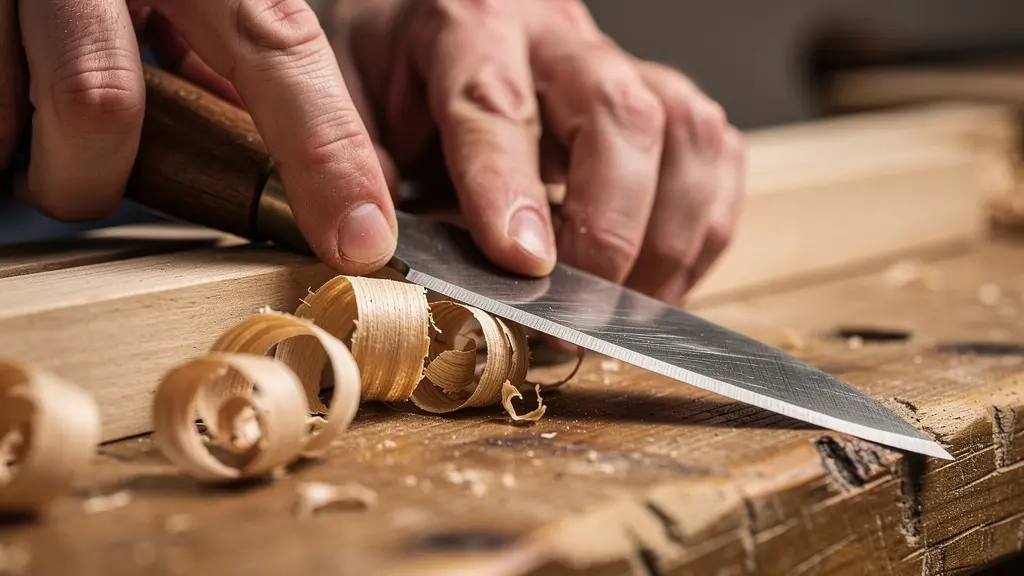Détail macro d’un outil d’artisan et de copeaux de bois sur un établi, textures nettes et lumière douce, sans marque ni texte.