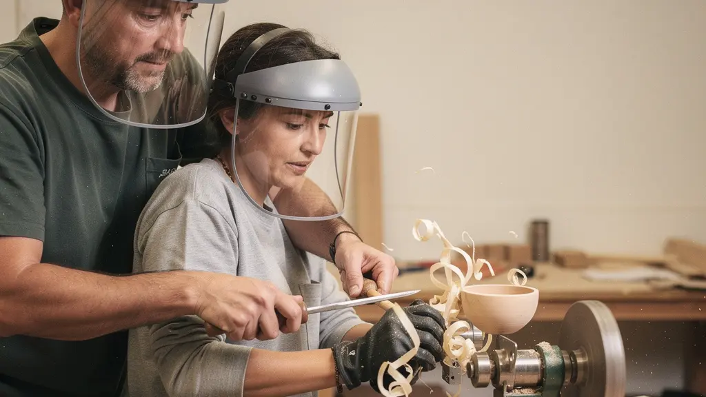 Deux personnes dans un atelier tournent un bol en bois sur un tour, les mains proches de l’outil, dans une lumière douce.