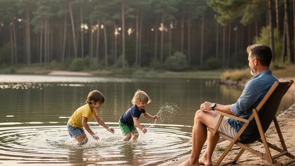 Famille avec enfants au bord d'un lac landais pour baignade sécurisée