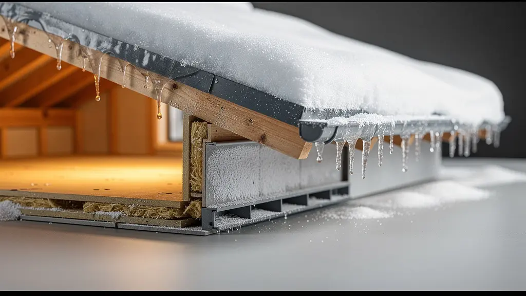 Coupe réaliste d’un avant-toit montrant la chaleur qui fuit, la neige qui fond puis une digue de glace qui se forme au bord du toit.
