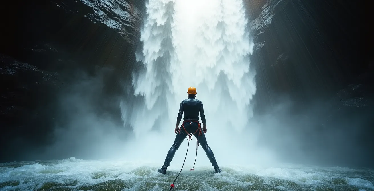 Canyoniste en descente sous une cascade puissante avec les jambes écartées pour la stabilité