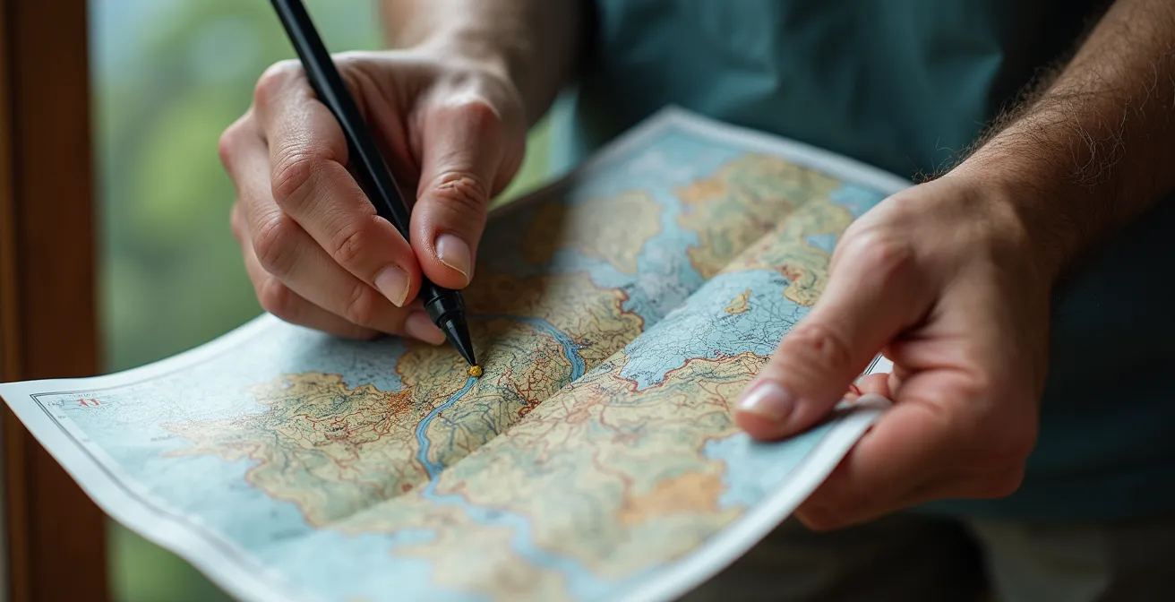 Vue macro d'une carte topographique montrant des courbes de niveau serrées indiquant une pente dangereuse