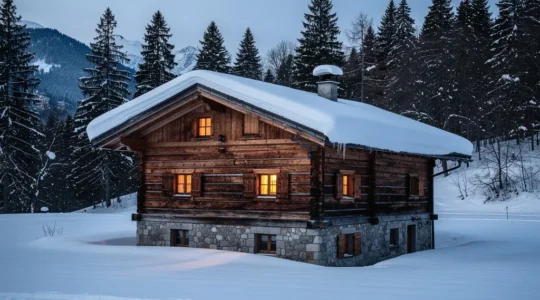 Vue extérieure d'un chalet traditionnel en madriers et soubassement pierre sous la neige dans les Alpes, au crépuscule.