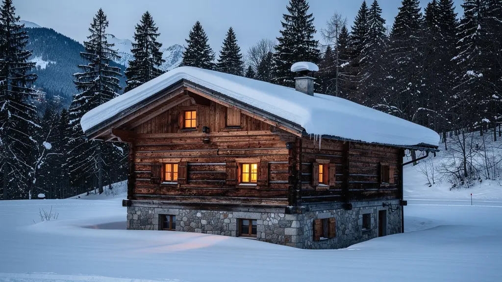 Vue extérieure d'un chalet traditionnel en madriers et soubassement pierre sous la neige dans les Alpes, au crépuscule.
