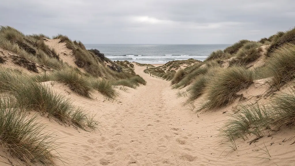 Chemin de sable entre les dunes menant vers l'océan Atlantique sur la côte landaise