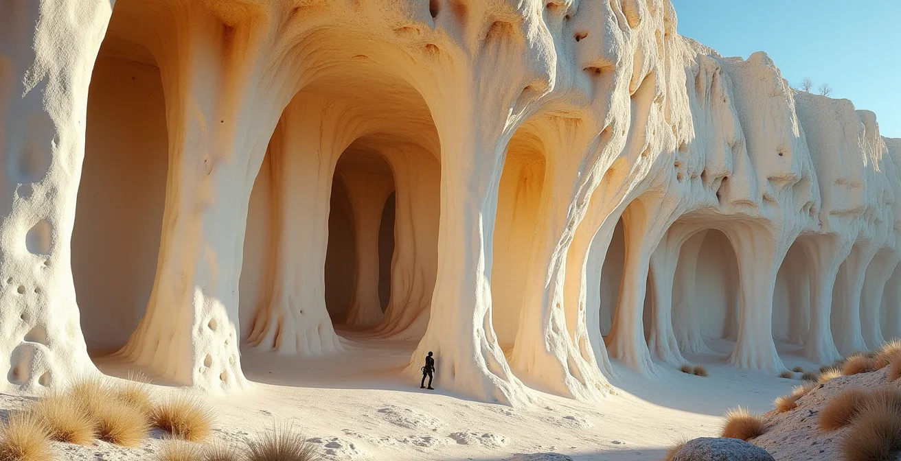 Vue large d'une falaise calcaire avec ses colonnettes caractéristiques et un grimpeur en silhouette