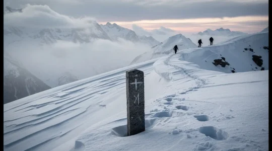 Un col alpin au lever du jour, avec une ancienne borne frontalière en pierre et des silhouettes discrètes progressant dans la neige, suggérant une traversée clandestine.