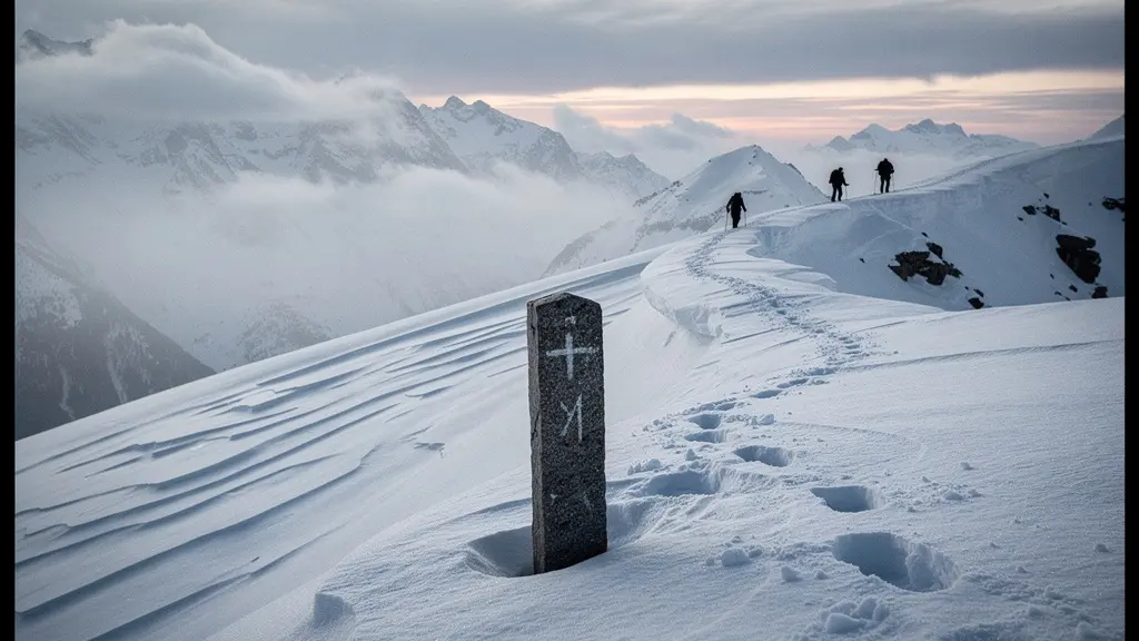 Un col alpin au lever du jour, avec une ancienne borne frontalière en pierre et des silhouettes discrètes progressant dans la neige, suggérant une traversée clandestine.