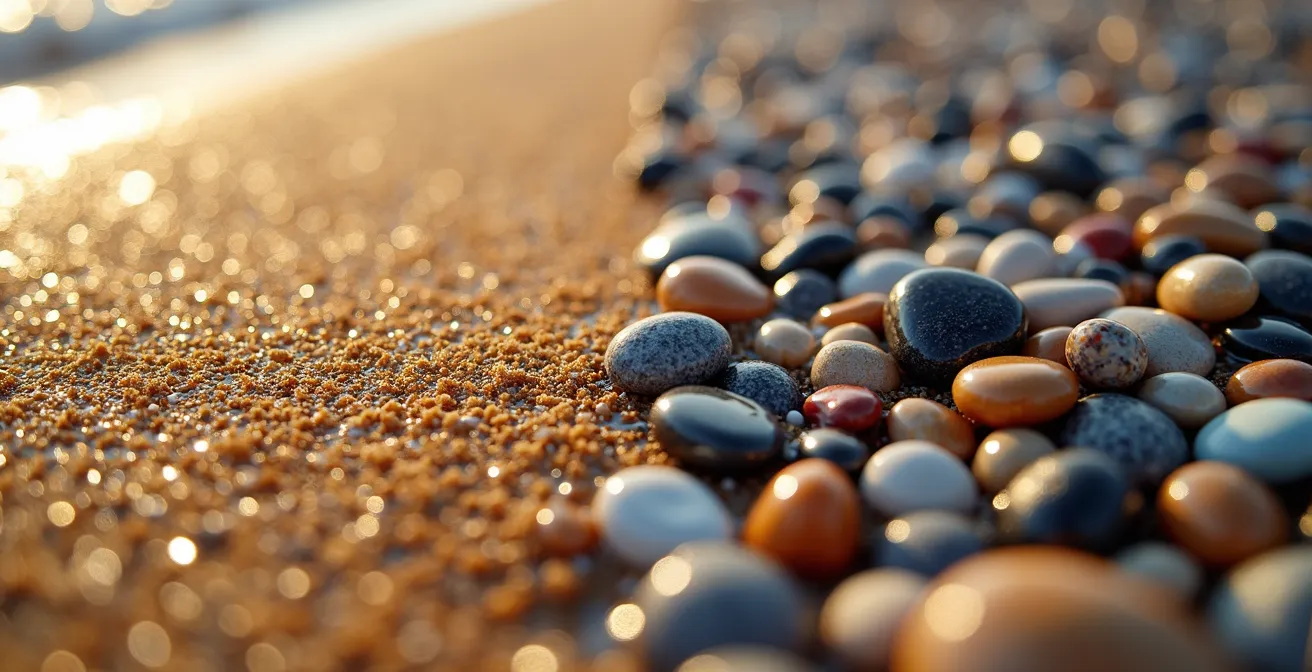 Vue macro montrant la différence de texture entre sable fin et galets