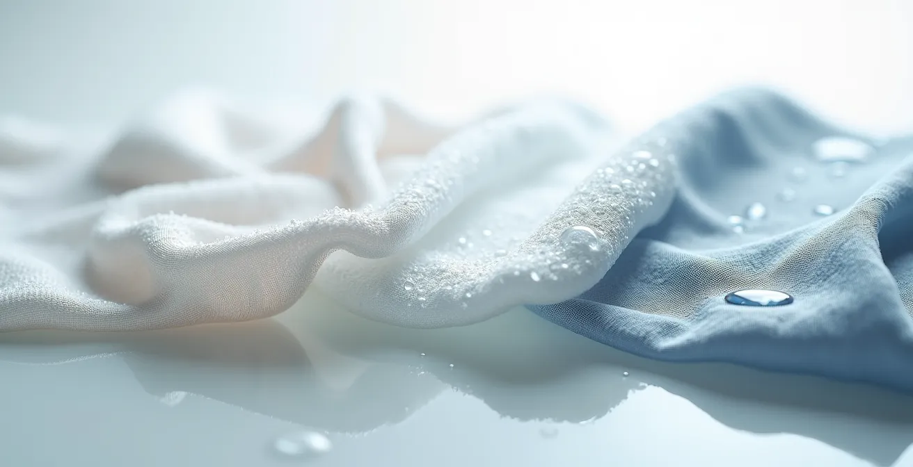 Comparaison visuelle entre différents textiles nautiques mouillés montrant le coton gorgé d'eau à côté de matières synthétiques où l'eau perle.