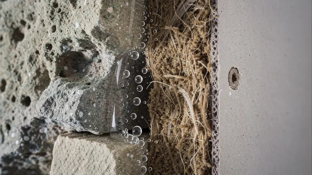 Gros plan sur de la condensation piégée entre une pierre ancienne froide et une couche d'isolant, illustrant un risque d'humidité cachée.