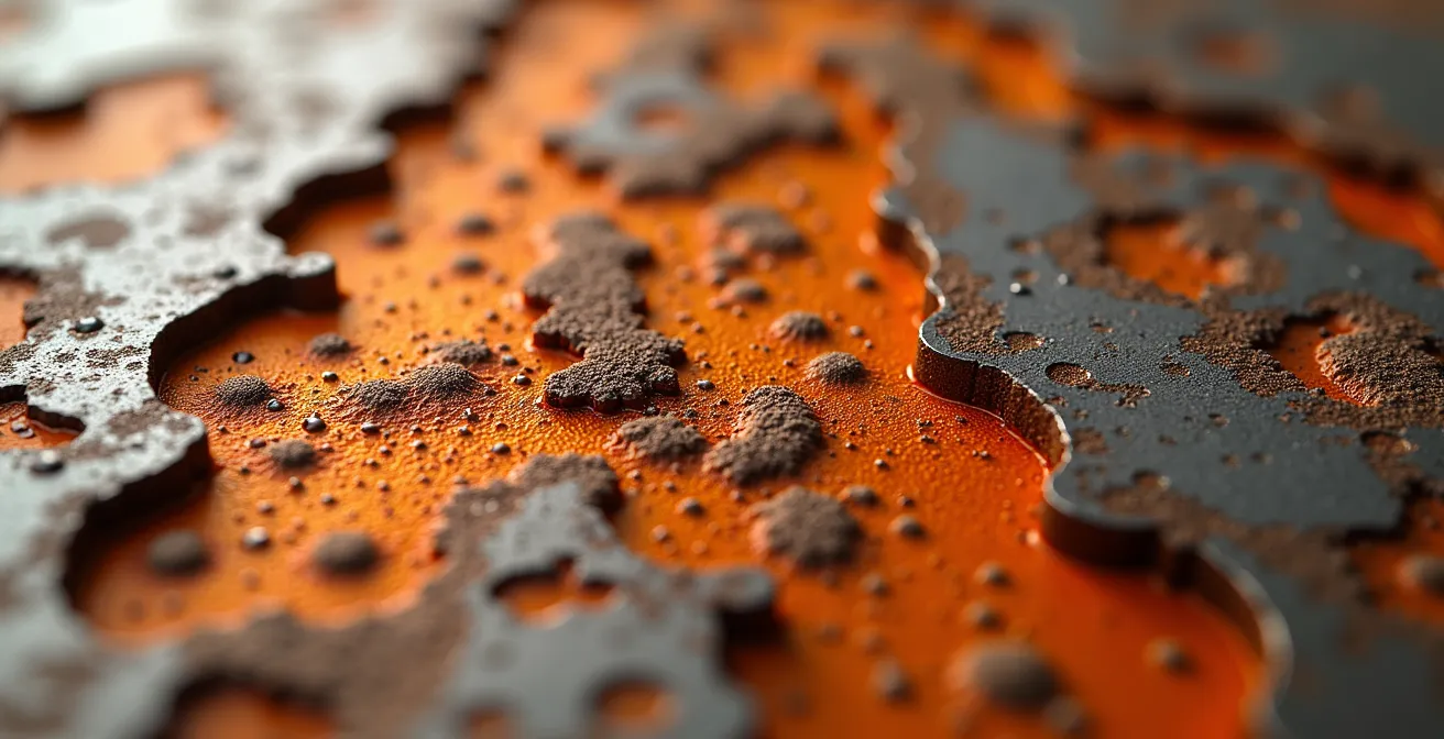 Détail macro de la corrosion saline sur métal avec texture de rouille orange