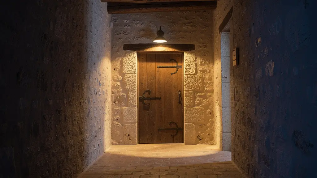 Long couloir de gîte en pierre éclairé par une veilleuse chaude, symbolisant la zone tampon entre espace de fête et chambres d'enfants