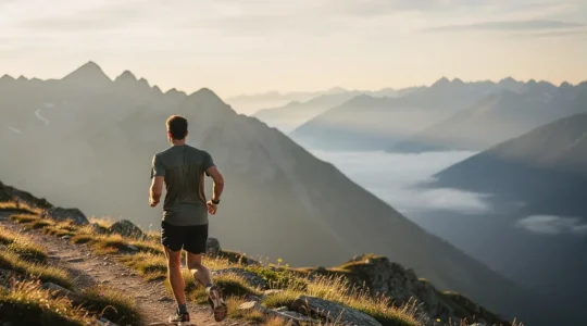 Coureur solitaire s'entraînant sur un sentier de montagne à 1800 mètres d'altitude au lever du soleil avec un panorama de sommets enneigés en arrière-plan