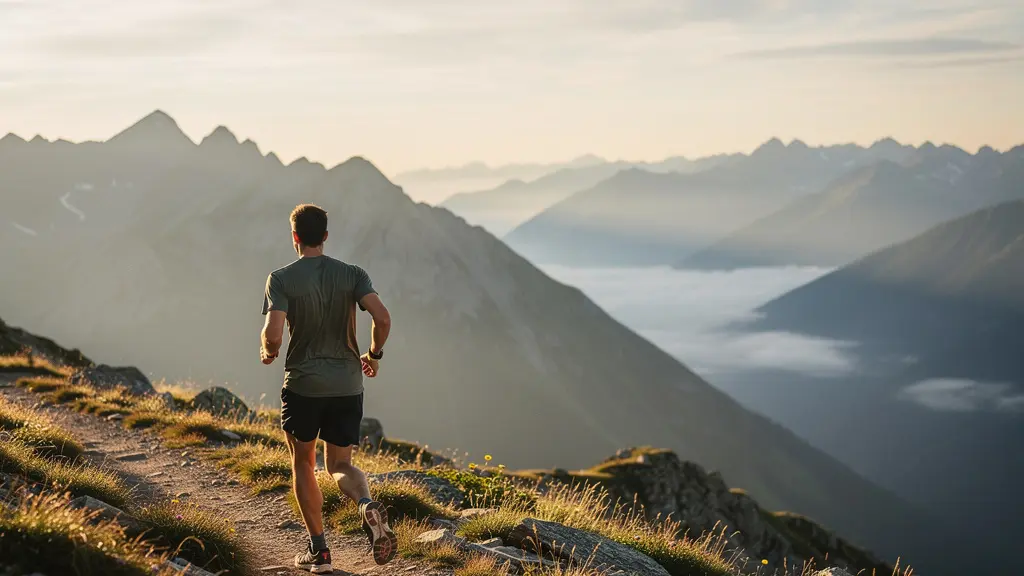 Coureur solitaire s'entraînant sur un sentier de montagne à 1800 mètres d'altitude au lever du soleil avec un panorama de sommets enneigés en arrière-plan