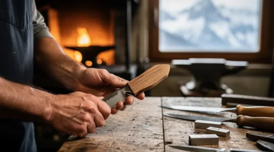 Un artisan affine une lame de couteau dans un atelier des Alpes, avec une vue de montagnes floue en arrière-plan et un grand espace vide pour le titre.