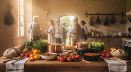 Grande cuisine rustique de gîte français avec marmites fumantes sur une longue table en bois, ambiance conviviale de vacances en groupe