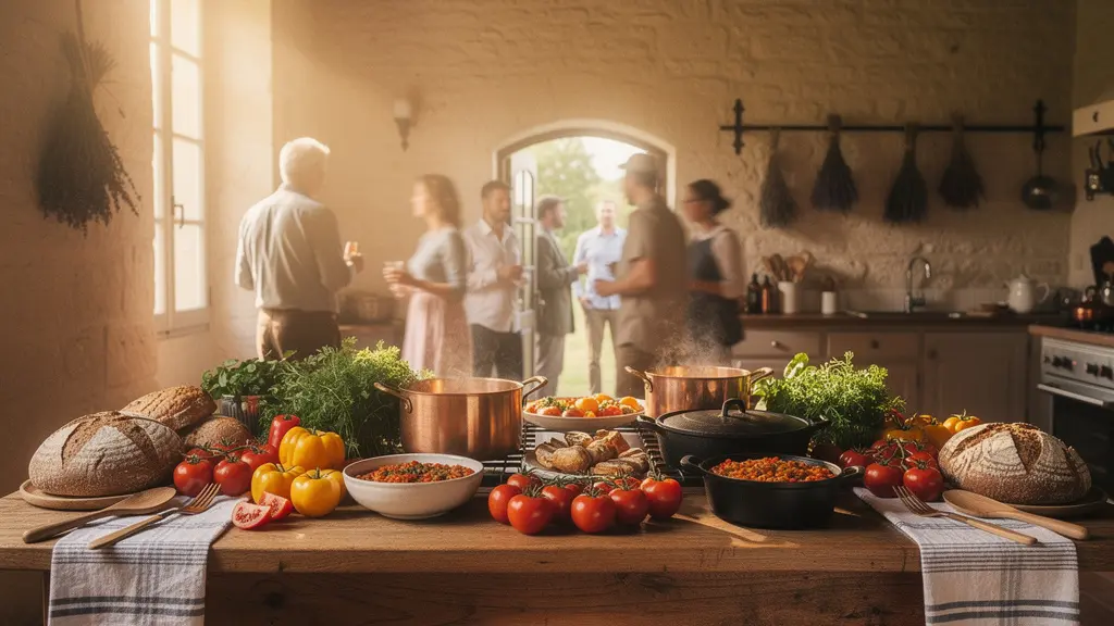 Grande cuisine rustique de gîte français avec marmites fumantes sur une longue table en bois, ambiance conviviale de vacances en groupe