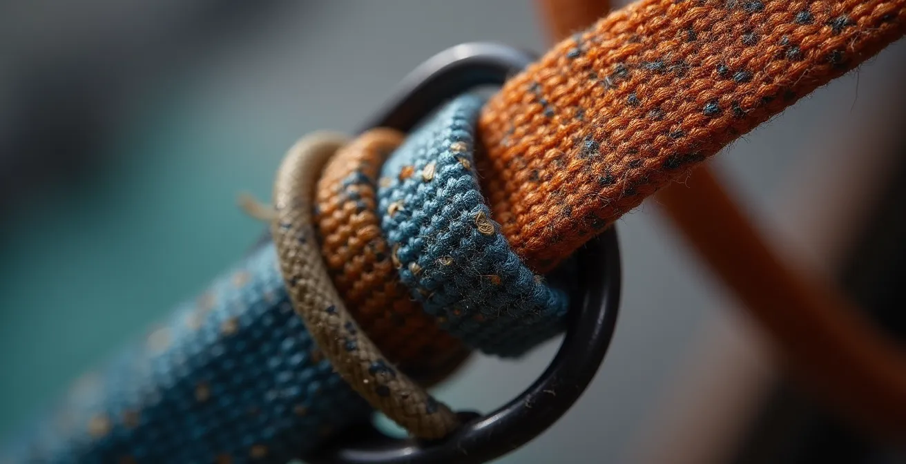 Détail macro d'un baudrier d'escalade montrant des micro-fissures invisibles à l'œil nu