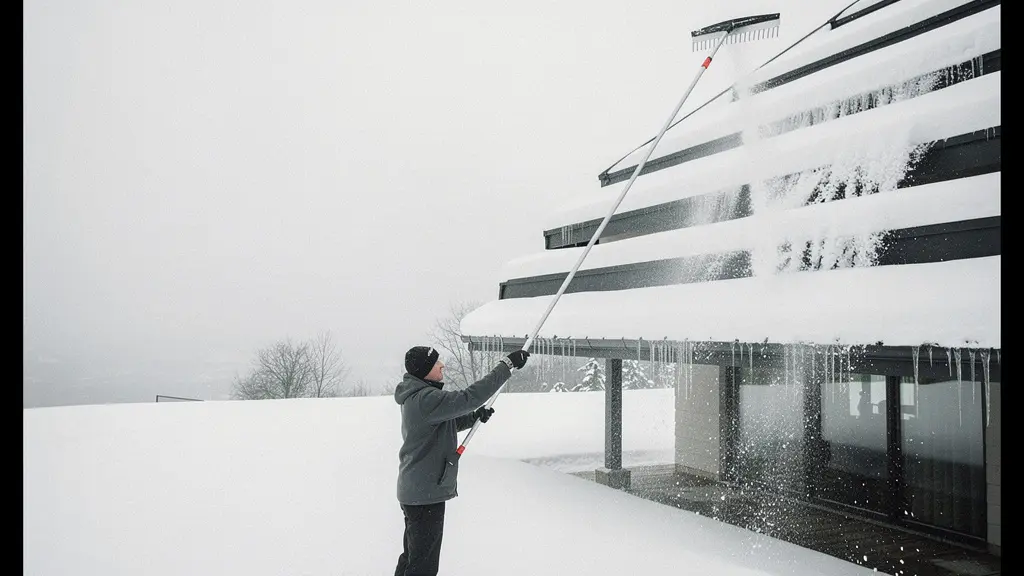 Personne en tenue d’hiver utilisant un râteau de toit télescopique depuis le sol pour enlever la neige au bord d’une toiture pentue.