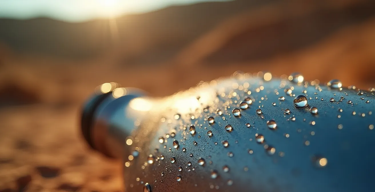 Gros plan sur une gourde métallique couverte de condensation dans un environnement aride