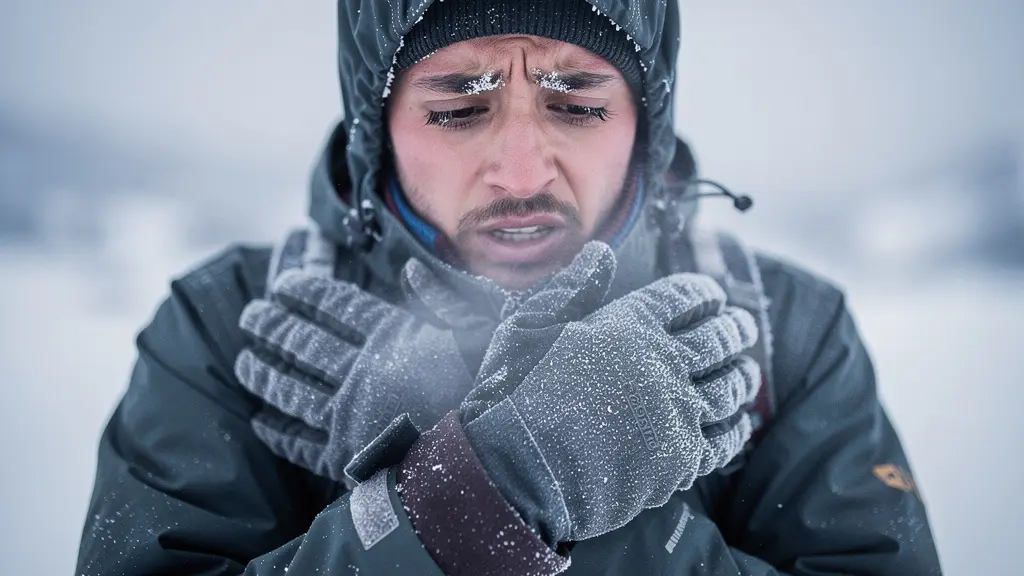 Gros plan sur des mains gantées réchauffées contre le torse, dans un paysage de montagne enneigé.