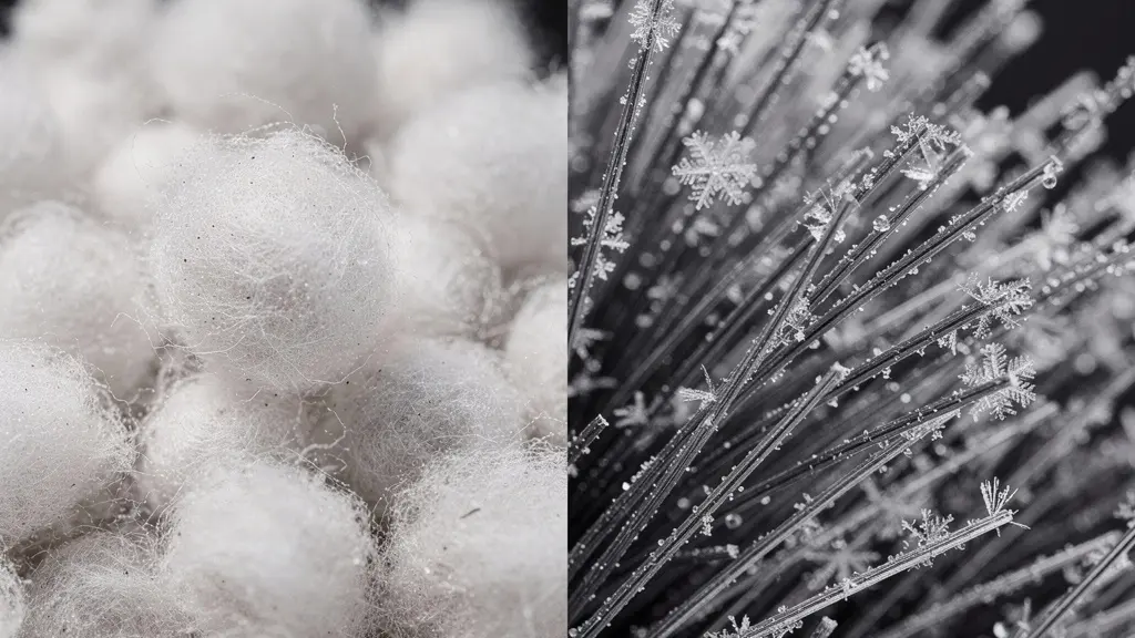 Macro de textures d’isolants (duvet et fibres synthétiques) avec fines cristallisations de givre, sans éléments lisibles.