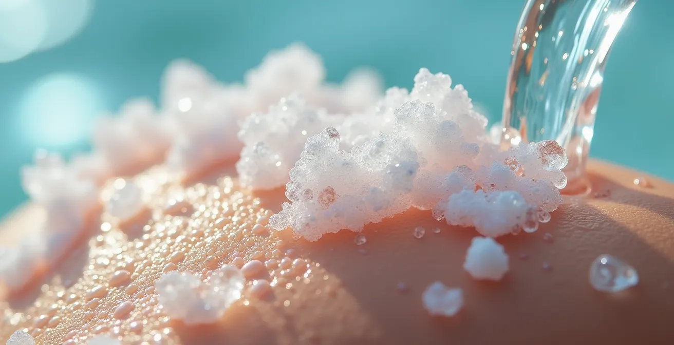 Gros plan sur l'eau de mer cristalline touchant délicatement la peau