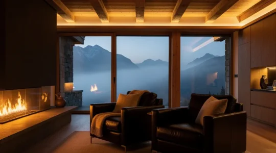 Salon de chalet moderne avec éclairage indirect créant une atmosphère luxueuse et chaleureuse