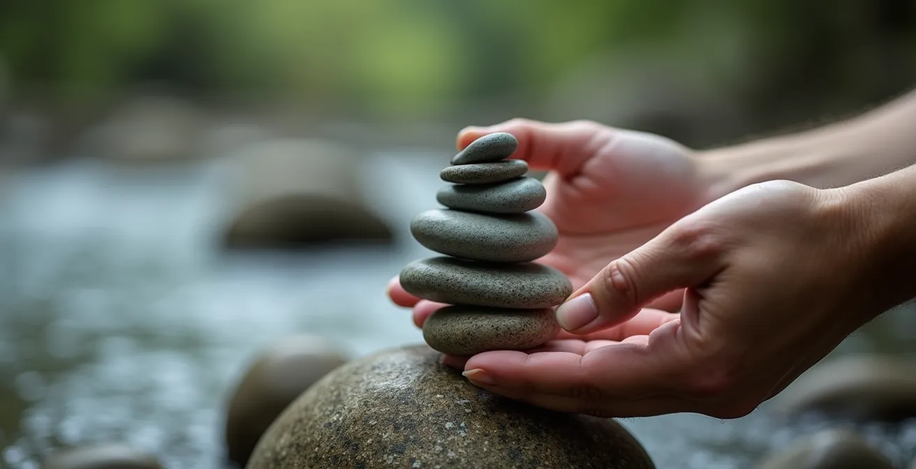 Vue macro de mains tenant délicatement des galets empilés en équilibre, symbolisant la surcompensation