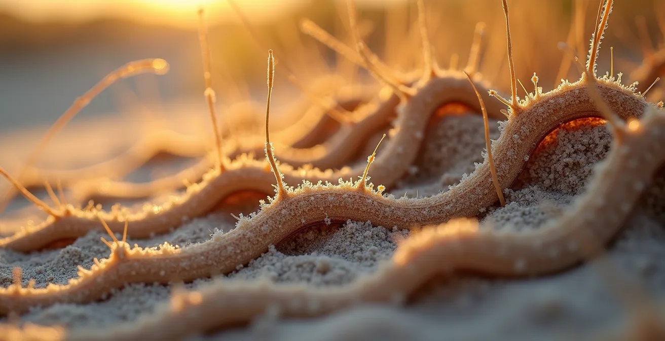 Vue macro des racines d'oyats retenant le sable dunaire comme une armature naturelle