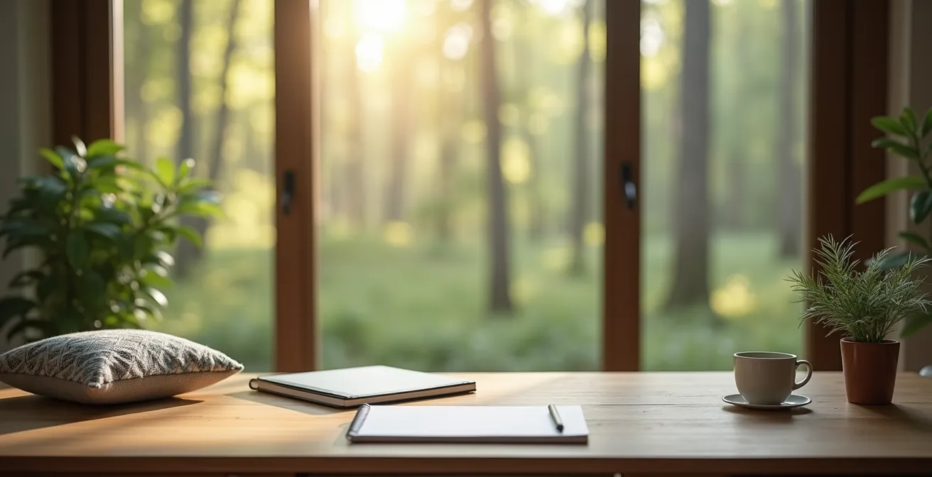 Espace de travail minimaliste avec vue sur la nature, évoquant une transition douce