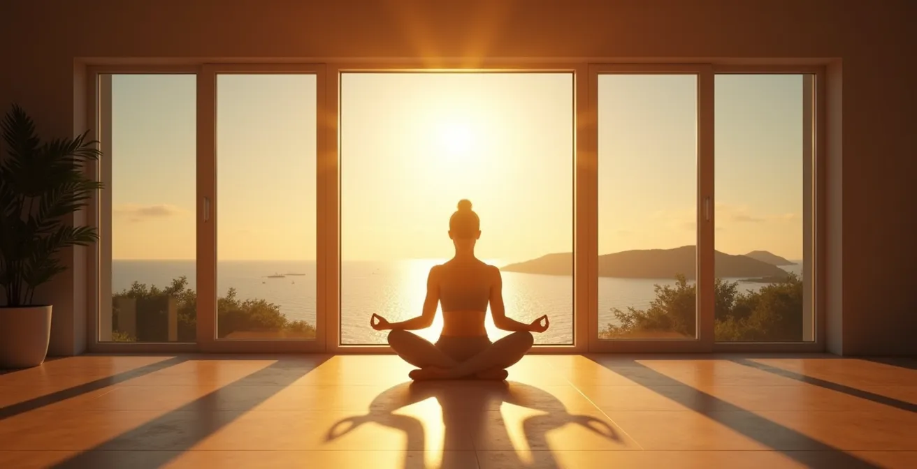 Personne méditant dans un espace lumineux avec vue apaisante sur baie calme