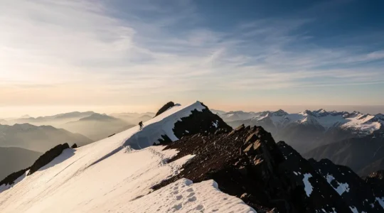 Paysage de montagne enneigé avec contraste entre neige blanche et roche noire volcanique sous une lumière rasante dorée