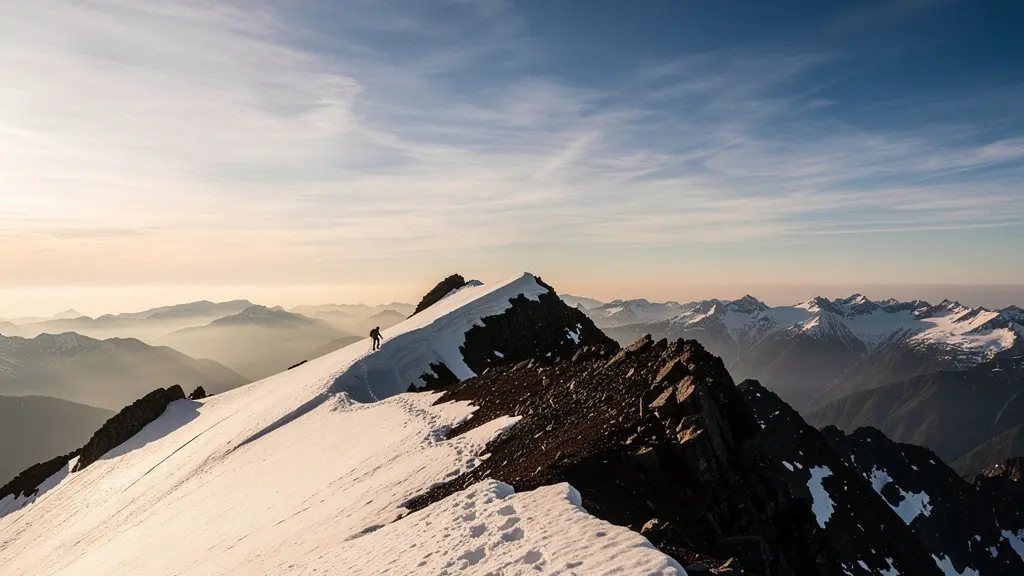 Paysage de montagne enneigé avec contraste entre neige blanche et roche noire volcanique sous une lumière rasante dorée