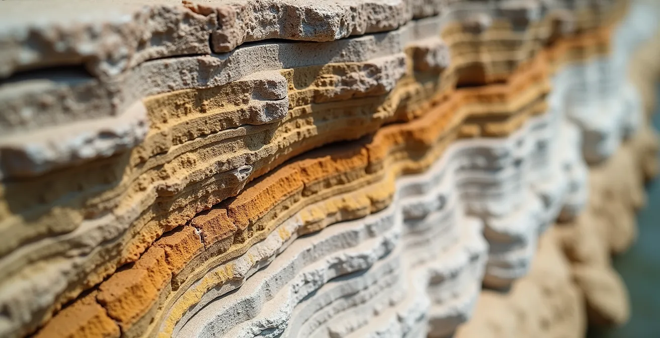 Gros plan sur une falaise calcaire friable avec strates visibles et éboulis au pied
