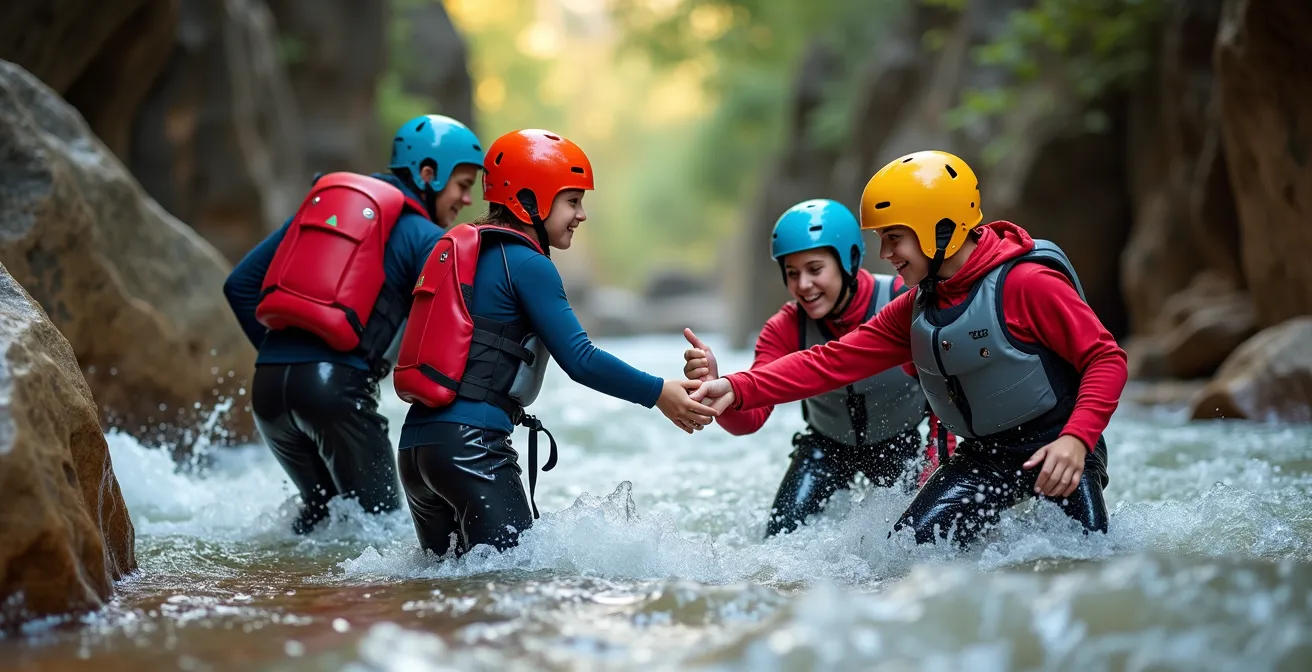 Une famille avec adolescents s'entraide lors d'une descente en rappel dans un canyon ensoleillé