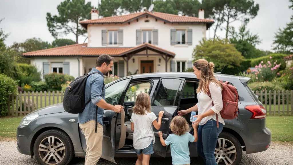 Famille découvrant leur villa de vacances dans les Landes avec jardin et pins en arrière-plan