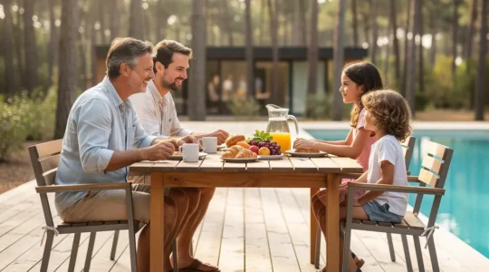 Famille prenant le petit-déjeuner sur terrasse de location vacances Landes avec piscine