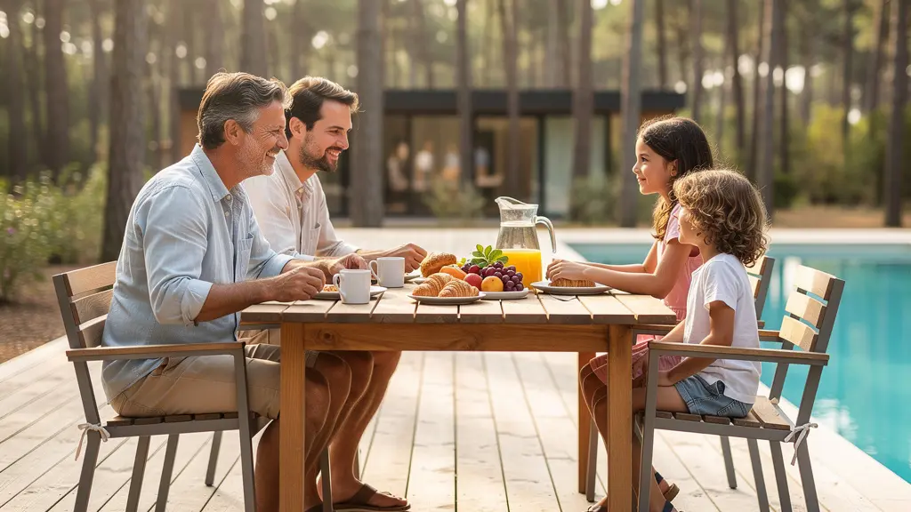 Famille prenant le petit-déjeuner sur terrasse de location vacances Landes avec piscine