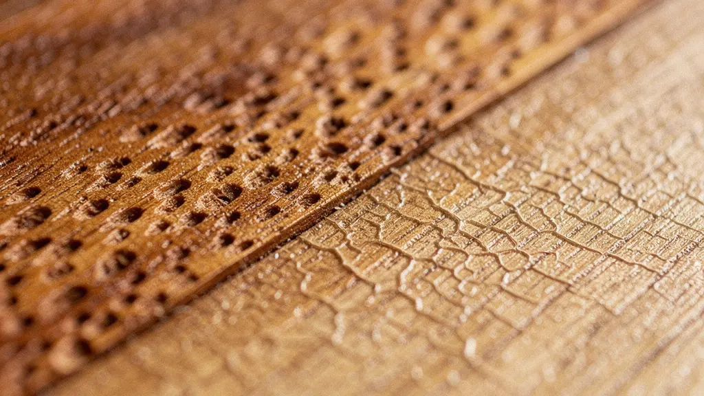 Macro de fibres de bois en gros plan montrant une zone aspect huile mate impregnee et une zone avec film de finition fissure