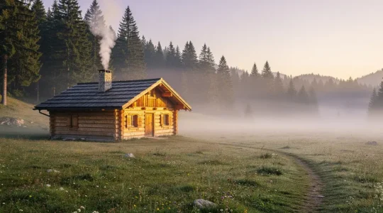 Fuste traditionnelle en rondins de bois nichée dans une clairière de montagne baignée de lumière dorée, évoquant le silence et la sérénité