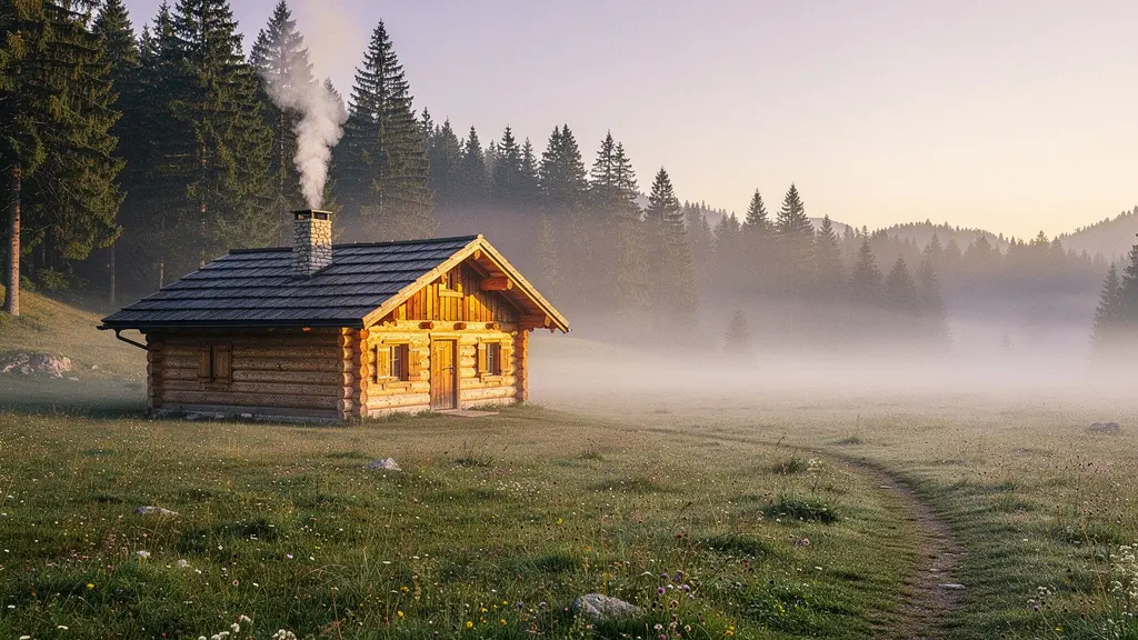 Fuste traditionnelle en rondins de bois nichée dans une clairière de montagne baignée de lumière dorée, évoquant le silence et la sérénité