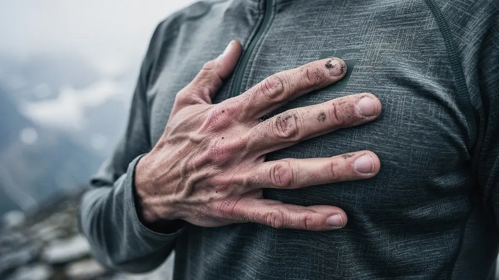 Main d'un randonneur posée sur sa poitrine en montagne pour ressentir son rythme cardiaque avec un paysage alpin flou en arrière-plan