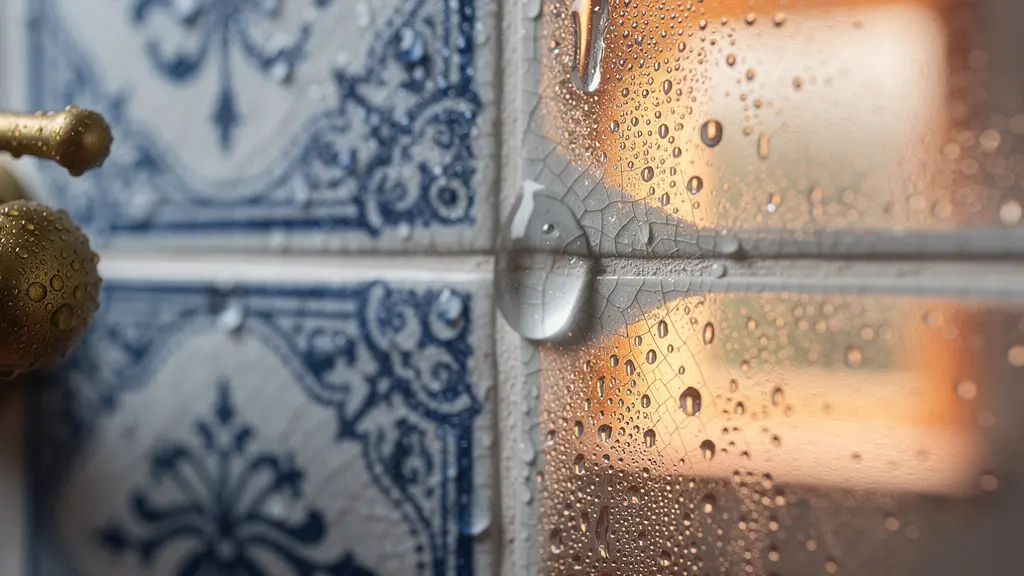 Vue rapprochée de gouttes d'eau sur des carreaux de faïence avec buée matinale, évoquant l'attente pour la douche dans un gîte de groupe