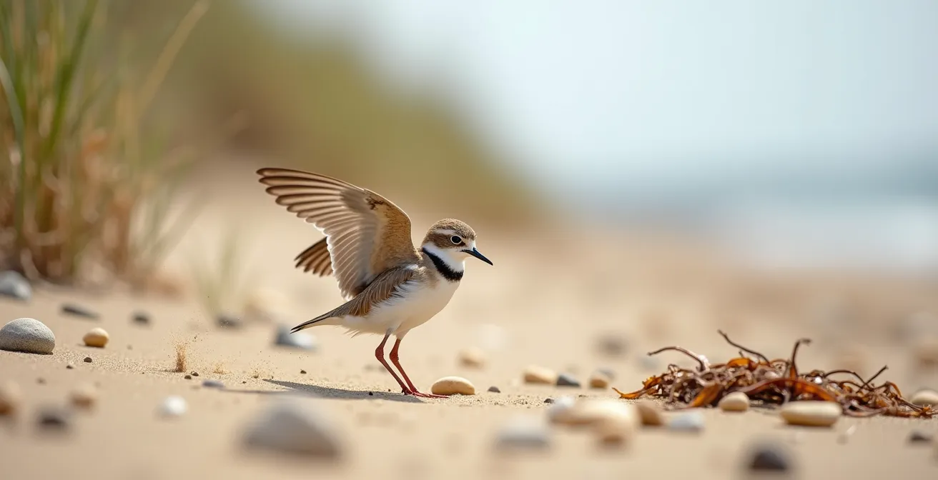 Gravelot à collier interrompu simulant une blessure pour éloigner les menaces de son nid