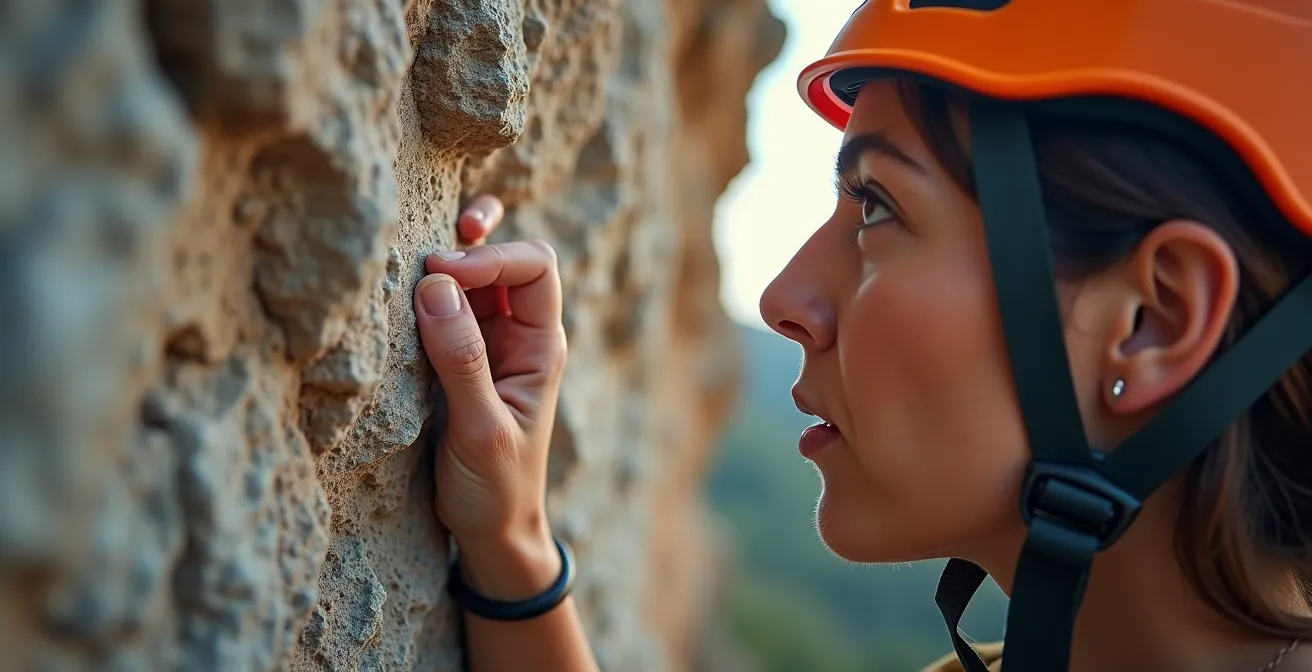 Grimpeur testant une écaille calcaire avec son doigt, main tendue vers le rocher dans un geste d'inspection