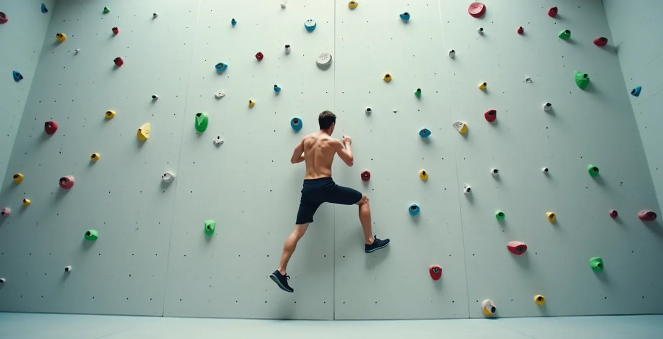 Grimpeur travaillant son point faible en dalle technique avec concentration